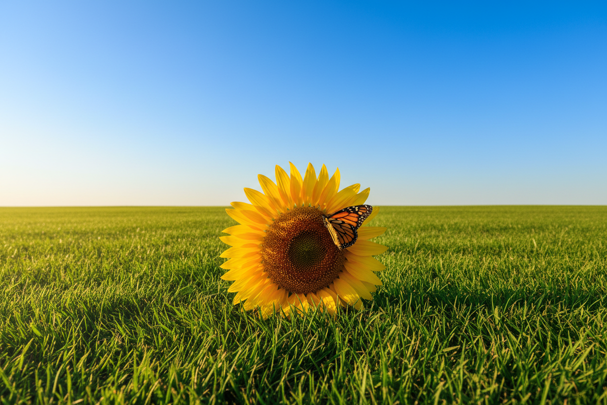 ein bild das glück ausstrahlt, mit einer wunderschönen großen Rasenfläche, auf der ein einzelner schöner Schmetterling zu sehen ist der sich auf eine Große Sonnenblume setzt mit wolkenfreiem Himmel und wunderschönem Sonnenschein